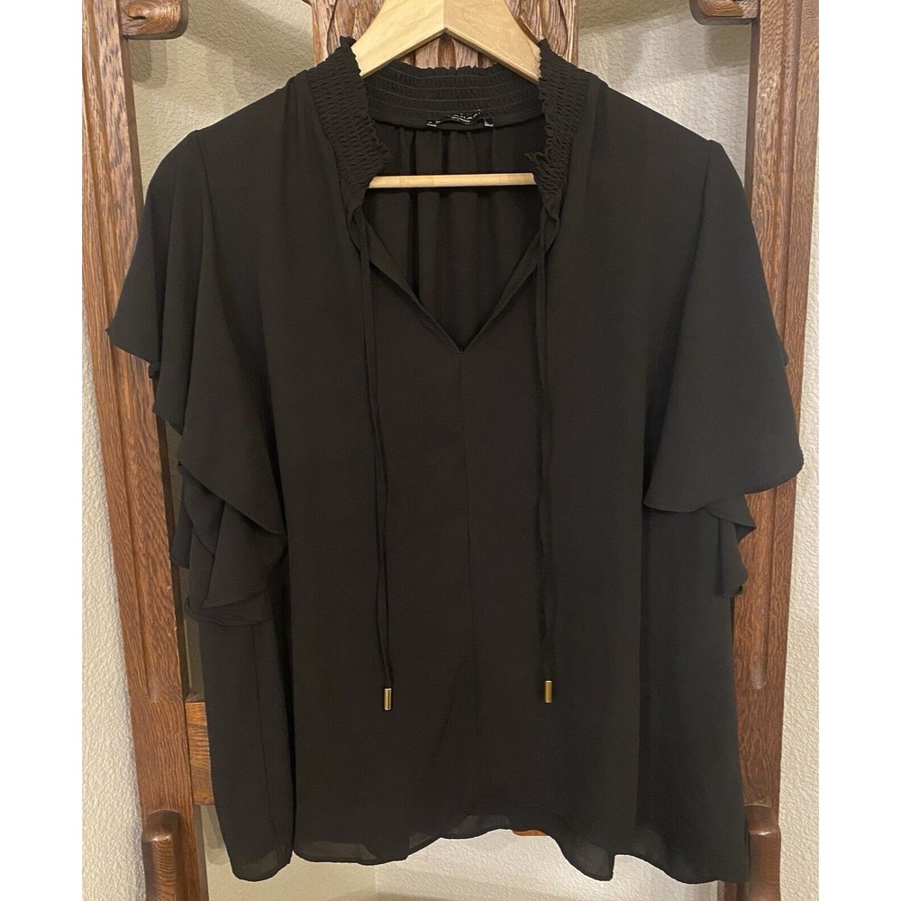 T Tahari Womens 2X Ruffle High Neck Blouse Flutter Sleeve Black No Size Tag